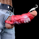 Red tentacle penis sleeve worn on model; curled tentacle textures across the shaft