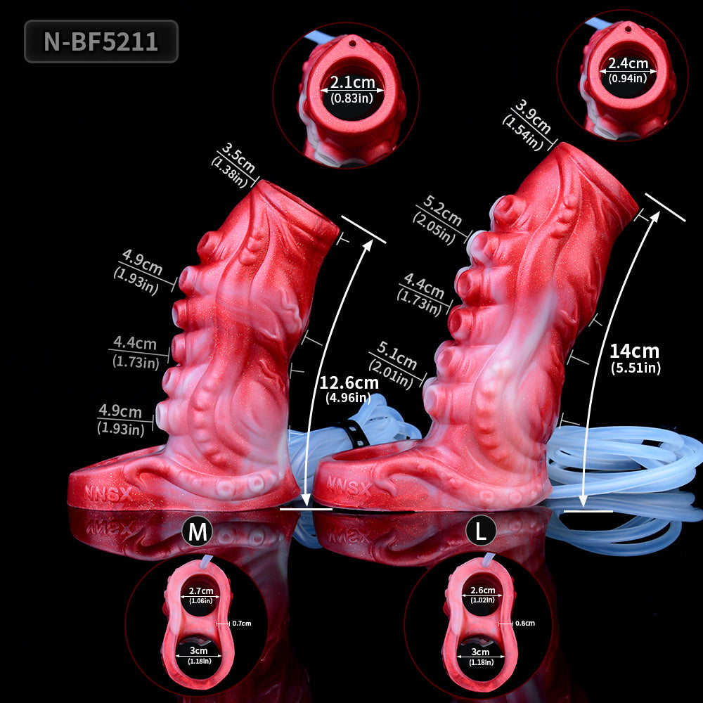 Size chart graphic for red squirt tentacle penis sheath, showing M and L measurements