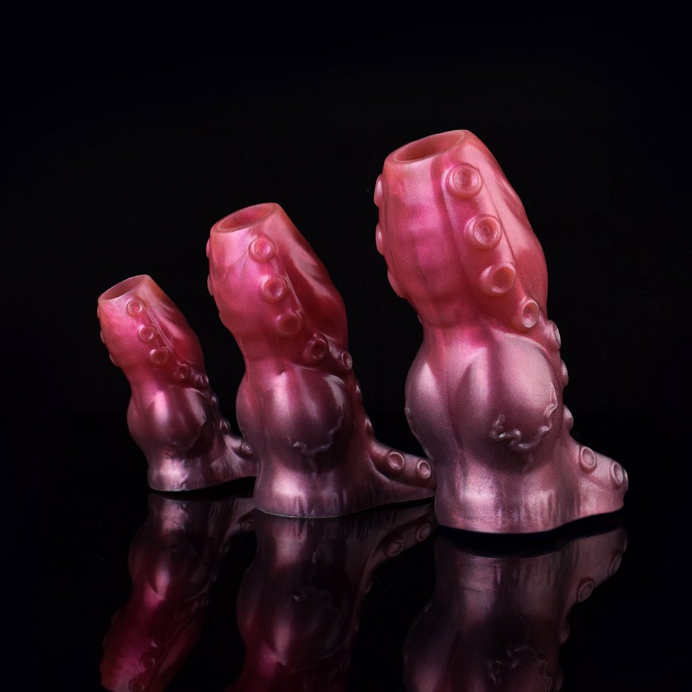 Krakenfire Oktopus-Penis-Sleeve, drei Tentakel-Optiken in rosa, Detailnoppen sichtbar