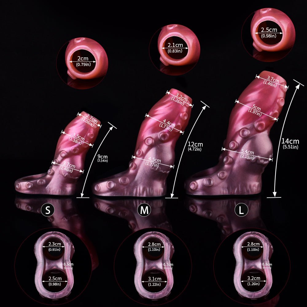 Größenübersicht Oktopus-Penis-Sleeve S, M, L, inkl. Öffnungs- und Längenangaben