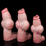 Set of three pink knotted dog cock sleeves in different sizes, open sheath tips.