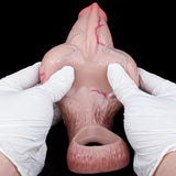Pink translucent cock sleeve shown with open ring base and dog-shaped sheath tip.
