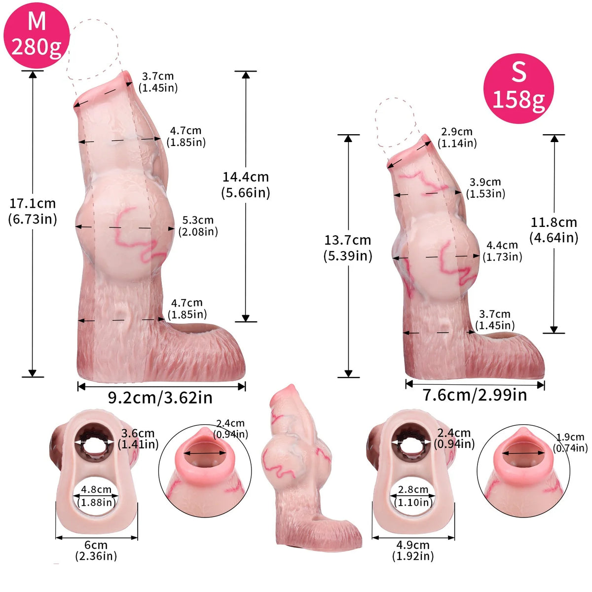 Pink cock sleeve size chart diagram with measurements for open ring and sheath.