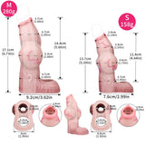 Pink cock sleeve size chart diagram with measurements for open ring and sheath.