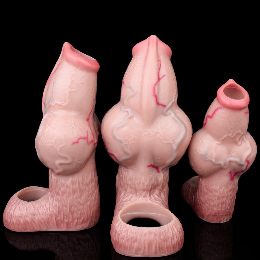 Pink knotted dog cock sleeve trio with open sheath tips and ribbed ring base.