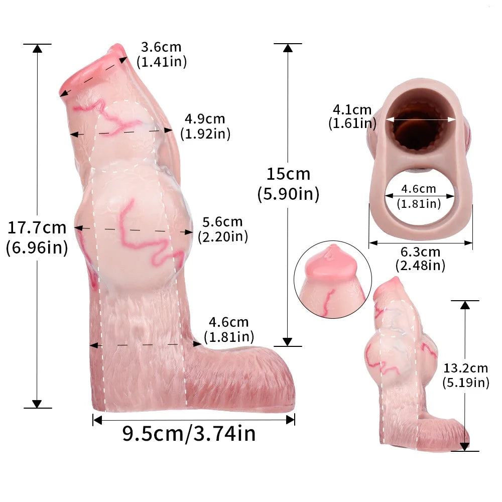 Pink cock sleeve measurement diagram with side and bottom views of open ring.