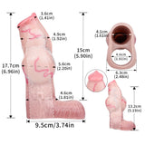Pink cock sleeve measurement diagram with side and bottom views of open ring.