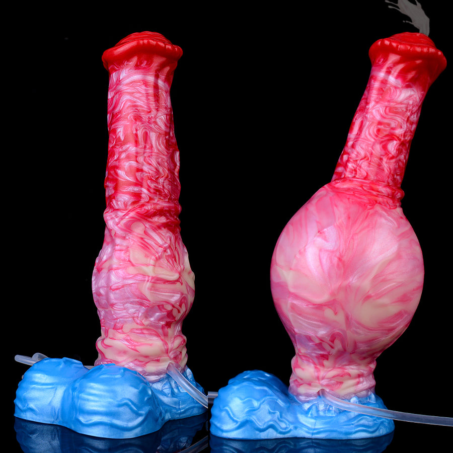 Inflatable horse-shaped sex toy, red and pink marbled body with blue base and hose