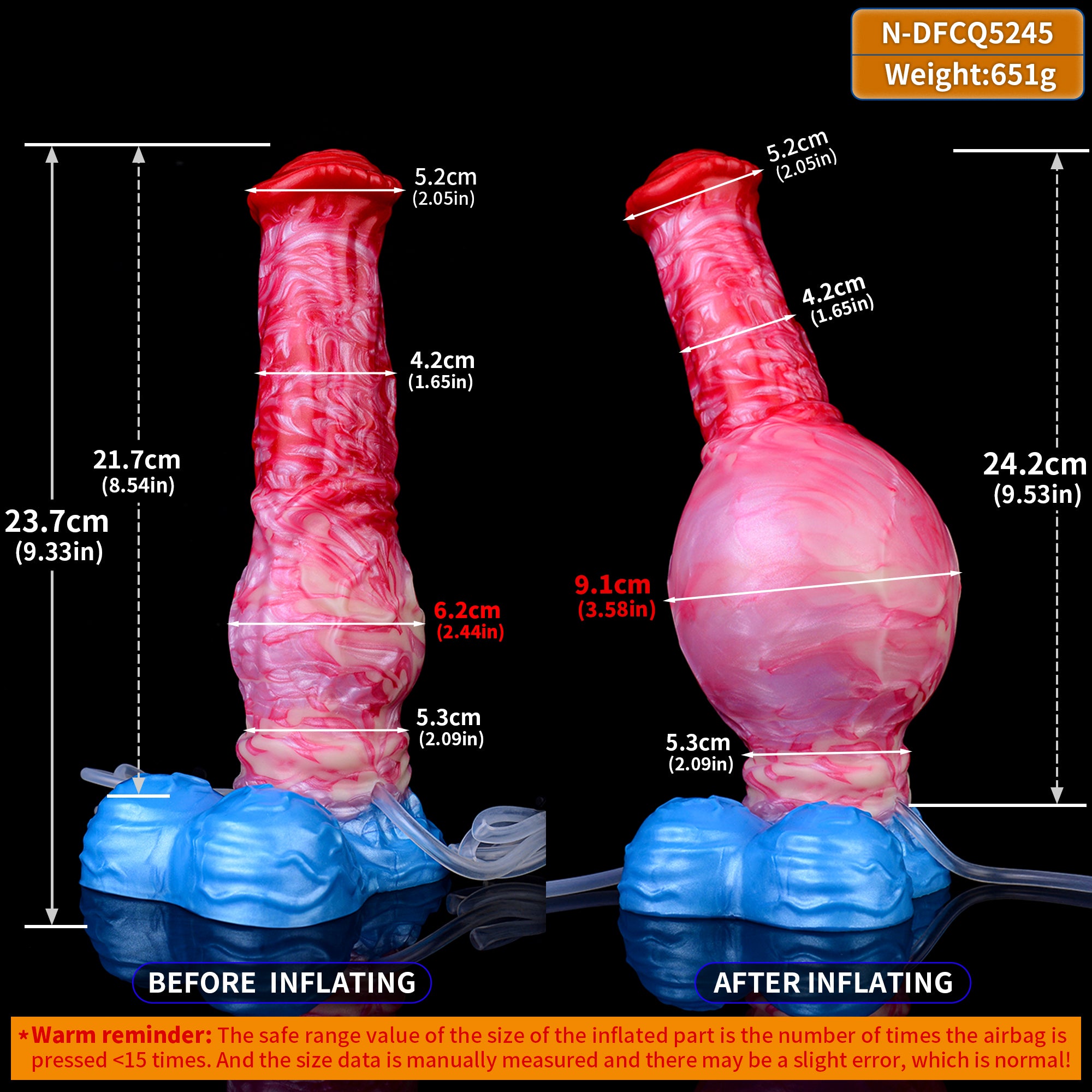 Pferde-Dildo mit Größenangaben: roter/pinker Schaft und blauer Sockel