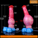 Pferde-Dildo mit Größenangaben: roter/pinker Schaft und blauer Sockel