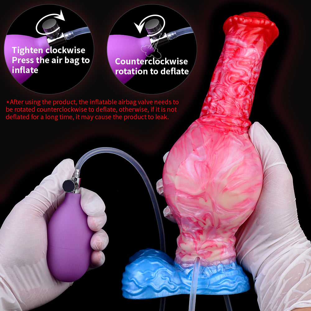 Aufblasbarer Pferde-Dildo, roter/pinker Schaft, blauer Sockel, Schlauchanschluss