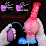 Aufblasbarer Pferde-Dildo, roter/pinker Schaft, blauer Sockel, Schlauchanschluss