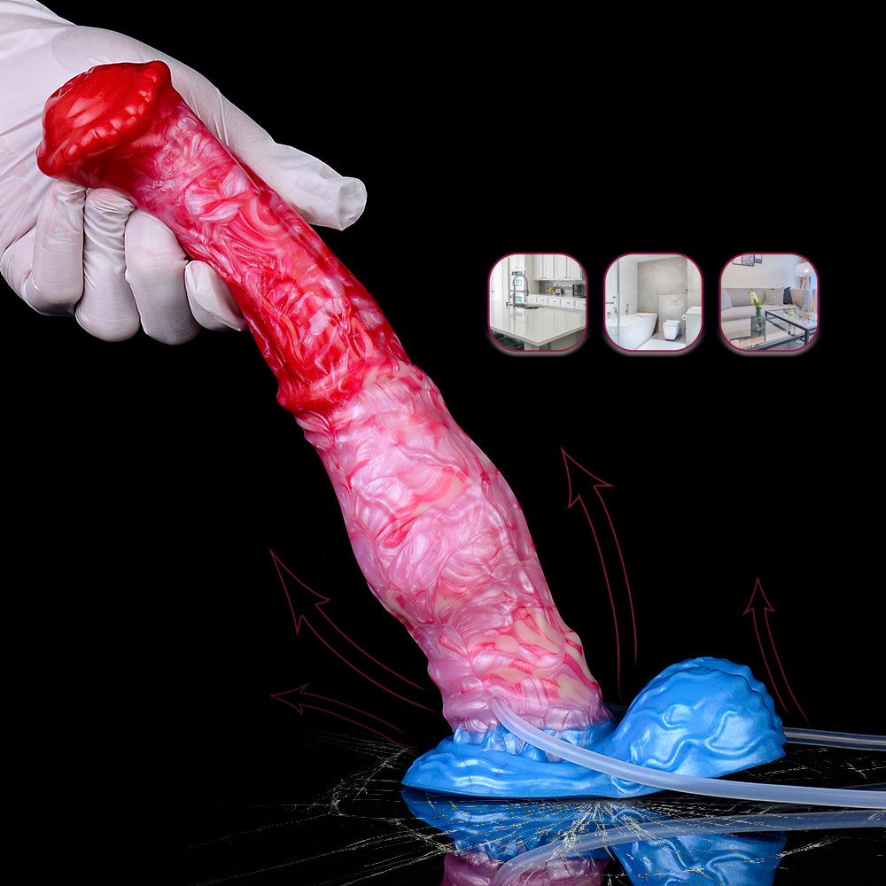 Aufblasbarer Pferde-Dildo im Längsbild, roter/pinker Schaft, blauer Fuß