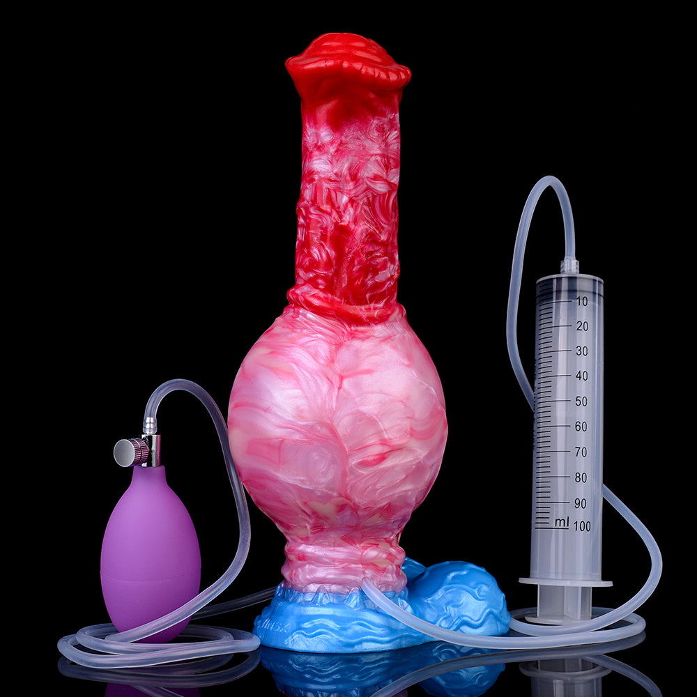 Pferde-Dildo mit Schlauch und Messzylinder, roter/pinker Schaft, blauer Sockel