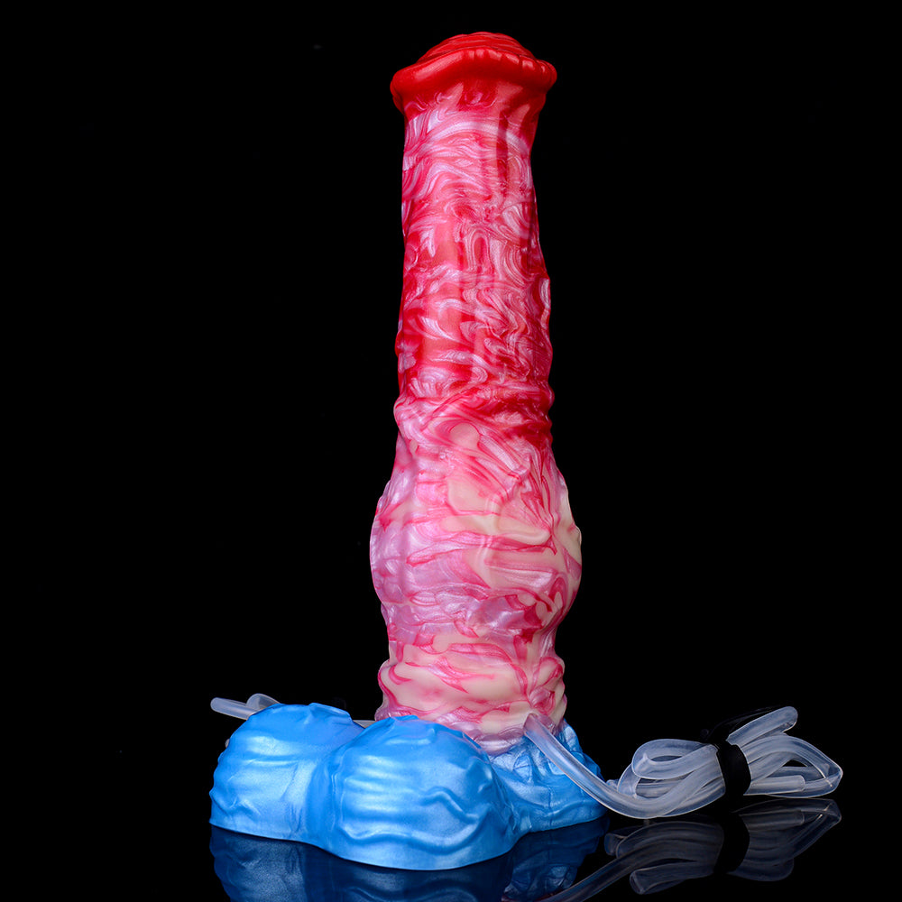 Aufblasbarer Pferde-Dildo mit rotem/pink marmoriertem Schaft und blauem Sockel