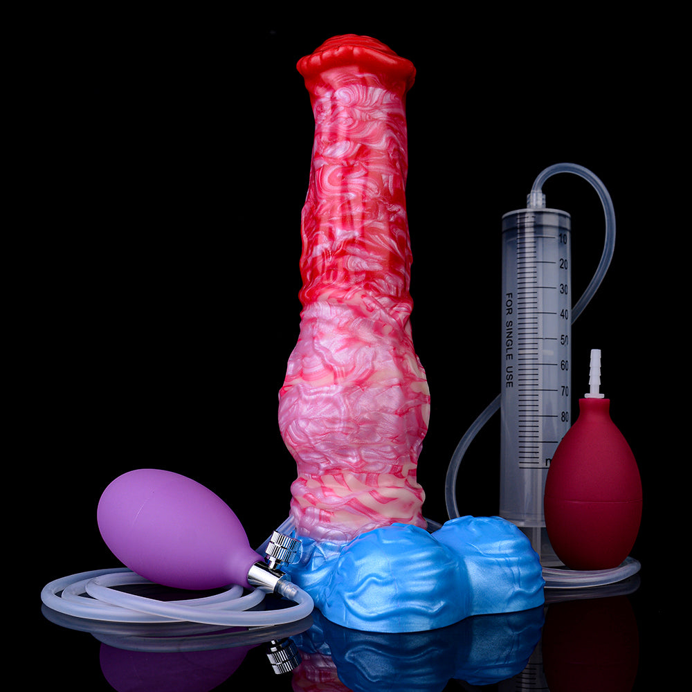 Pferde-Dildo mit Messzylinder und Luftschläuchen, roter/pinker Schaft, blauer Sockel