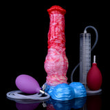 Pferde-Dildo mit Messzylinder und Luftschläuchen, roter/pinker Schaft, blauer Sockel