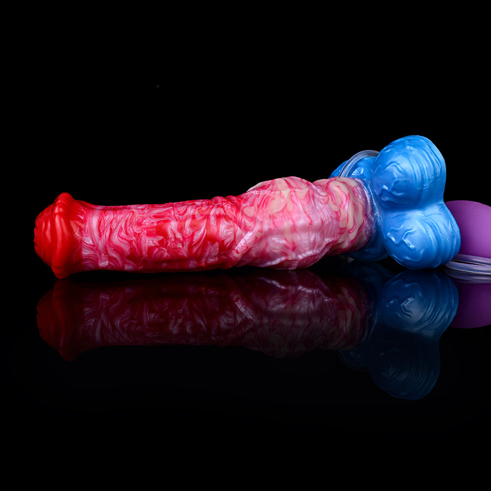 Aufblasbarer Pferde-Dildo in Seitenansicht, roter/pinker Schaft, blauer Fuß