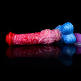 Aufblasbarer Pferde-Dildo in Seitenansicht, roter/pinker Schaft, blauer Fuß