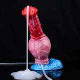 Aufblasbarer Pferde-Dildo mit rotem Kopf, pinkem Schaft und blauem Sockel