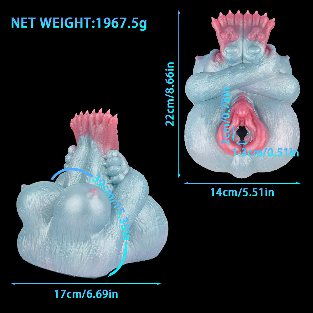 Light blue and pink animal Fleshlight shown with size labels and net weight info