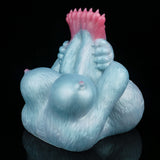 Front view of light blue plush-style Fleshlight with pink crown-like ridges