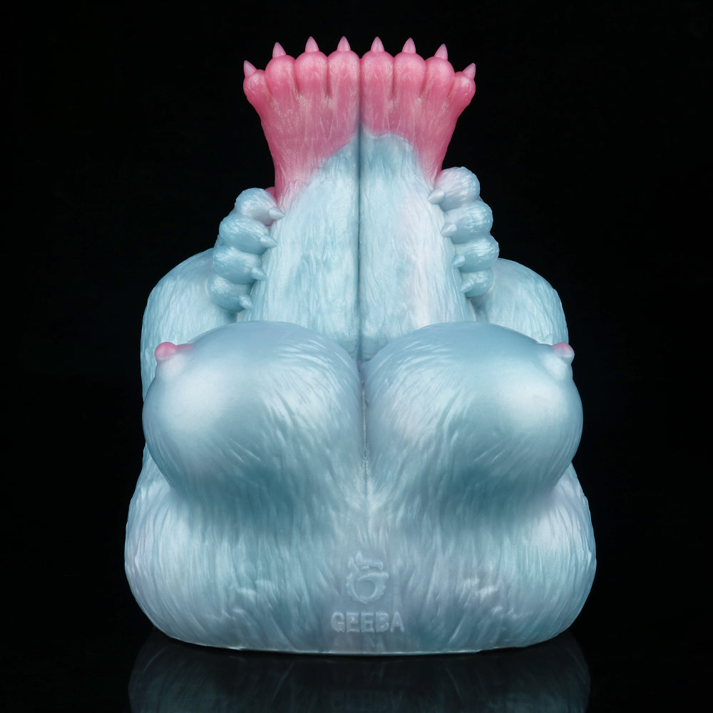 Back view of light blue and pink animal Fleshlight with crown ridges; brand embossed