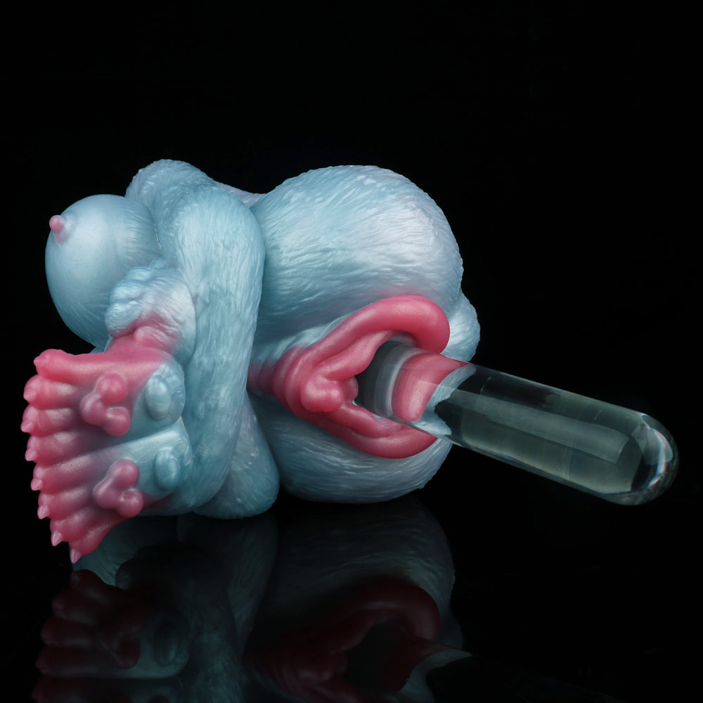 Animal Fleshlight with pink inner ring and clear cylindrical insert in light blue body