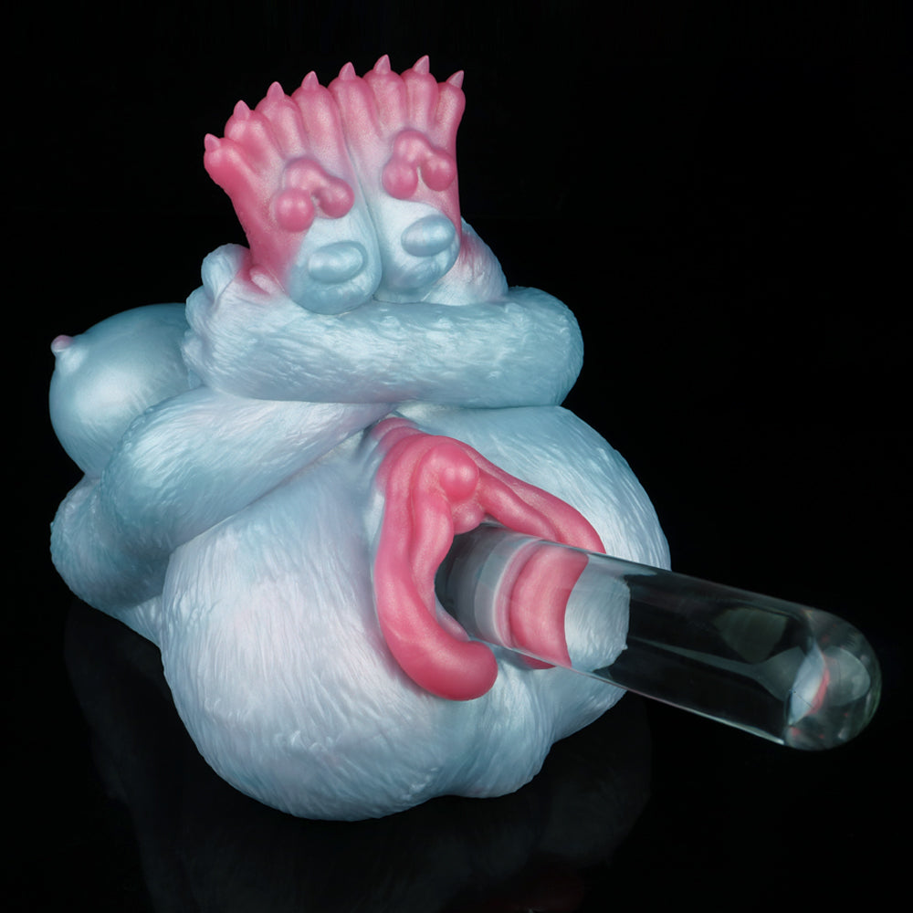 Blue and pink plush animal sex toy with transparent handle, open mouth design