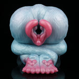 Blue plush animal sex toy with pink open front and heart-shaped finger details
