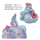 Animal Fleshlight with channel size diagrams; light blue body and pink opening