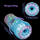 Alien fantasy male masturbator size diagram, blue with purple/green iridescent details