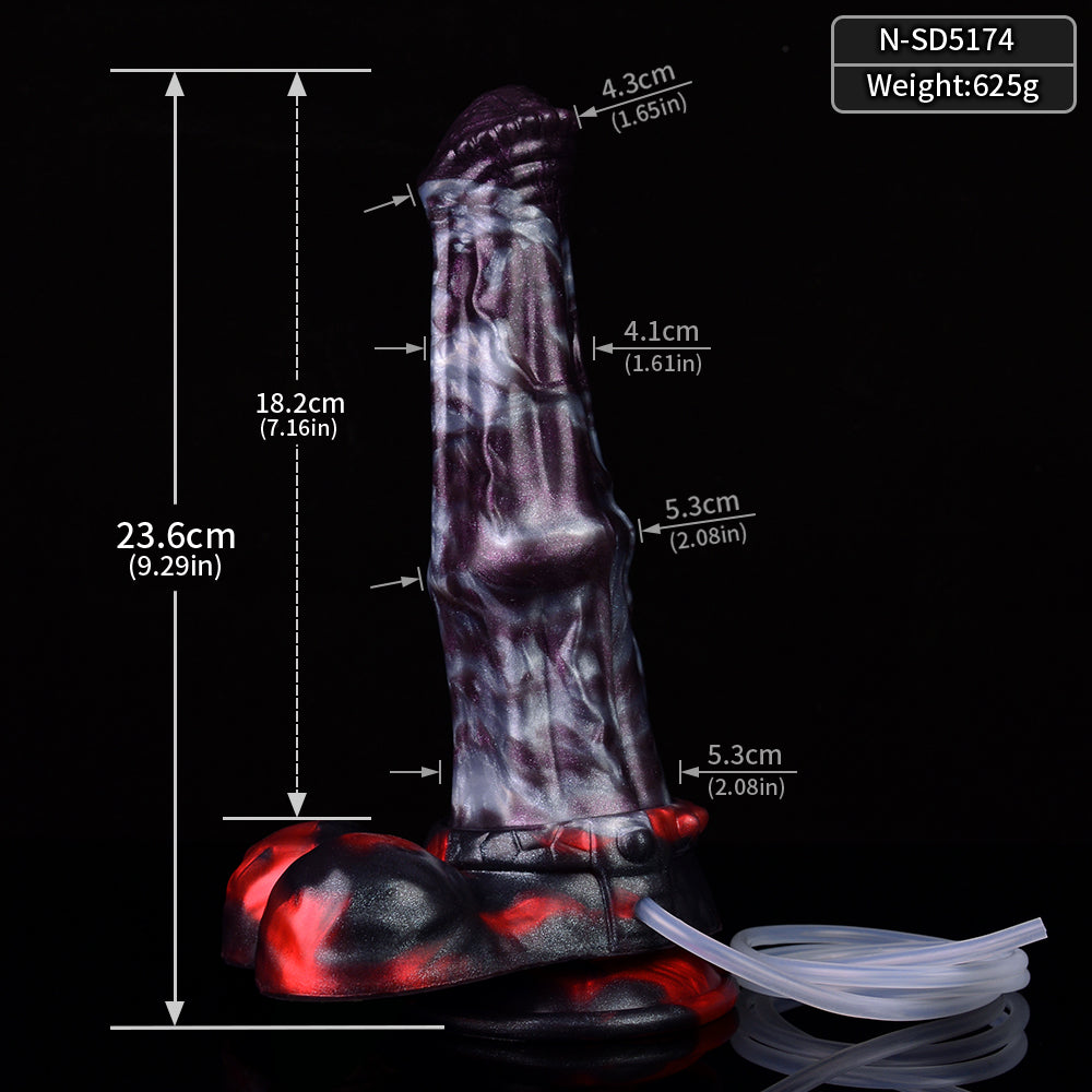 Dildo Lewis the Dark Mane mit Maßangaben, lila marmorierter Schaft, rote Basis