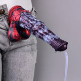 Dildo Lewis the Dark Mane an Kleidung, lila marmorierter Schaft, Tropfen am Ende