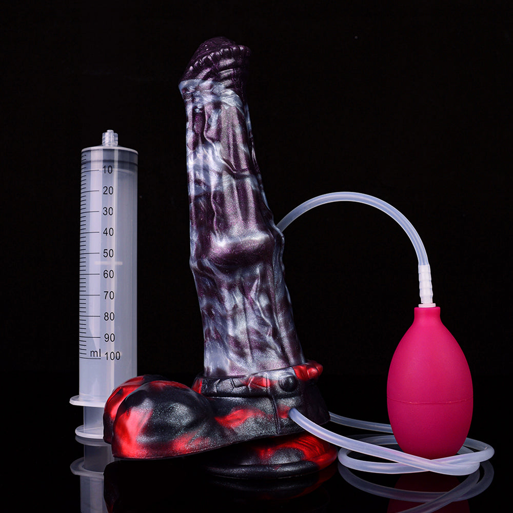 Dildo Lewis the Dark Mane mit Messbecher, lila marmorierter Form, klarer Schlauch und Pumpe