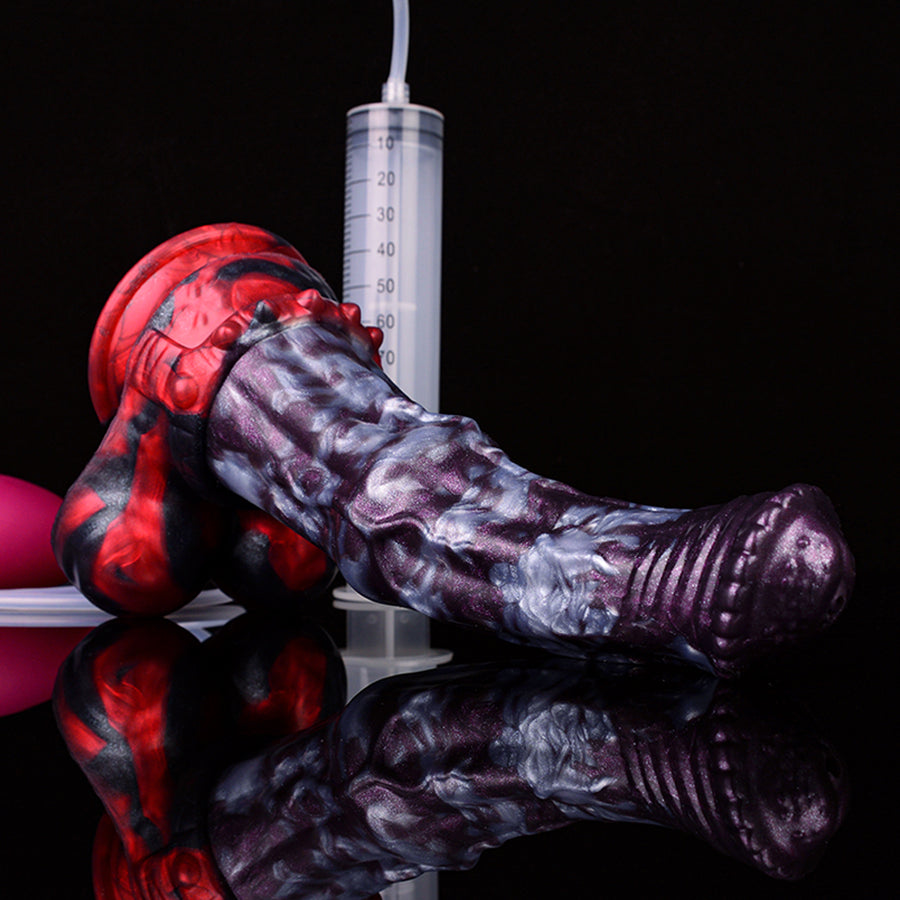 Horse dildo with purple/gray body and red base, shown with syringe and tubes