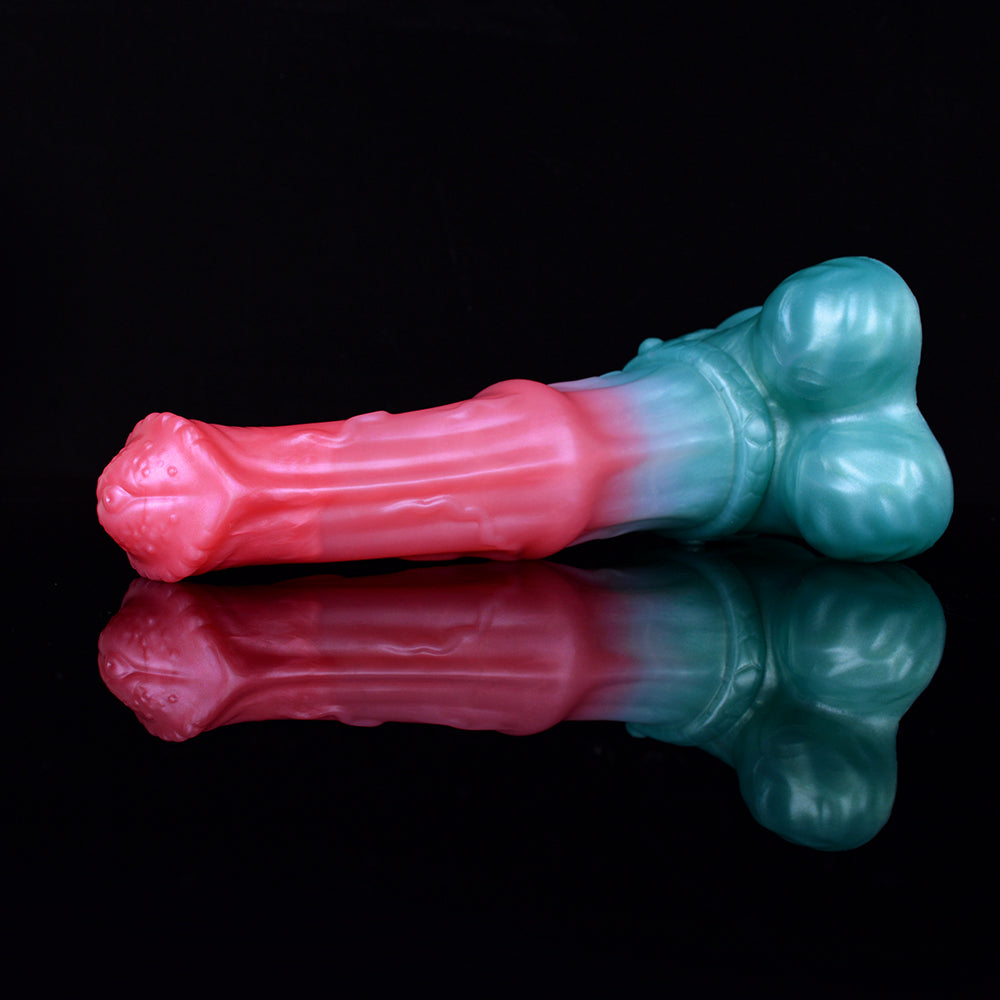 Monster-Stallion-Dildo: länglicher rosa-hellblauer Körper mit rundem, geriffeltem Ende