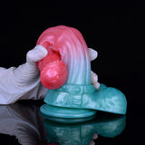Thick horse-shaped dildo with pink shaft and blue base, suction-cup bottom