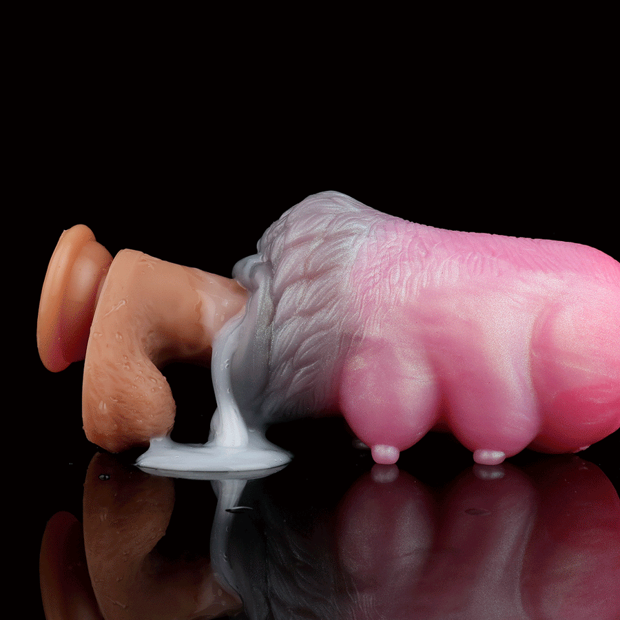 Dual-hole novelty sex toy showing open end with gray insert and pink body