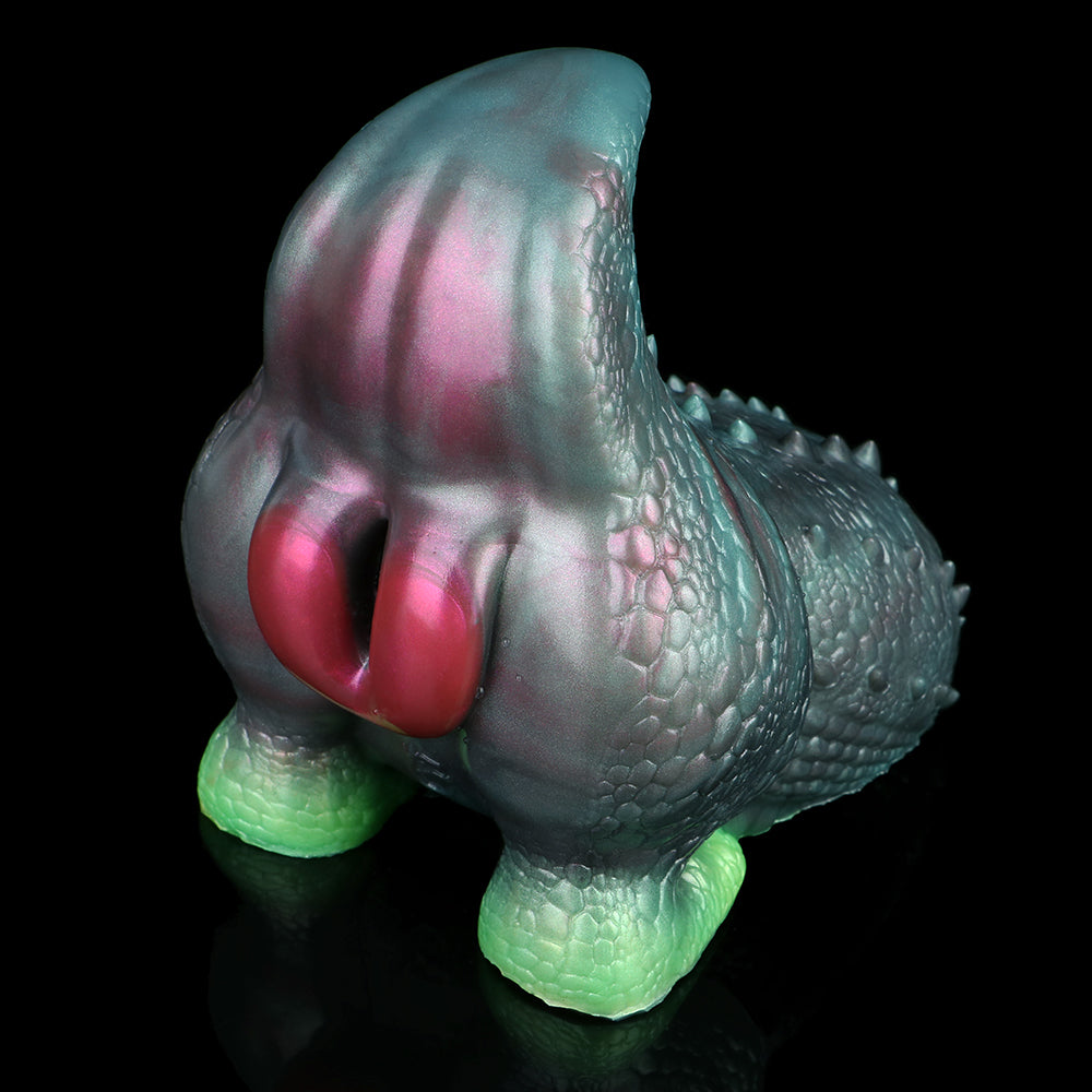 Fantasy-Masturbator, Nahansicht Schrägseite; Schuppenoberfläche, grüne Basis, rosa Zapfen