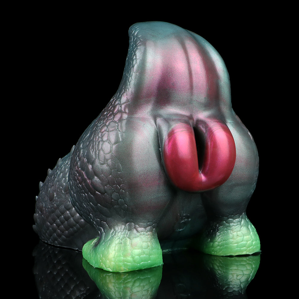 Fantasy single-hole masturbator, teal reptile texture, pink inner channel, green base