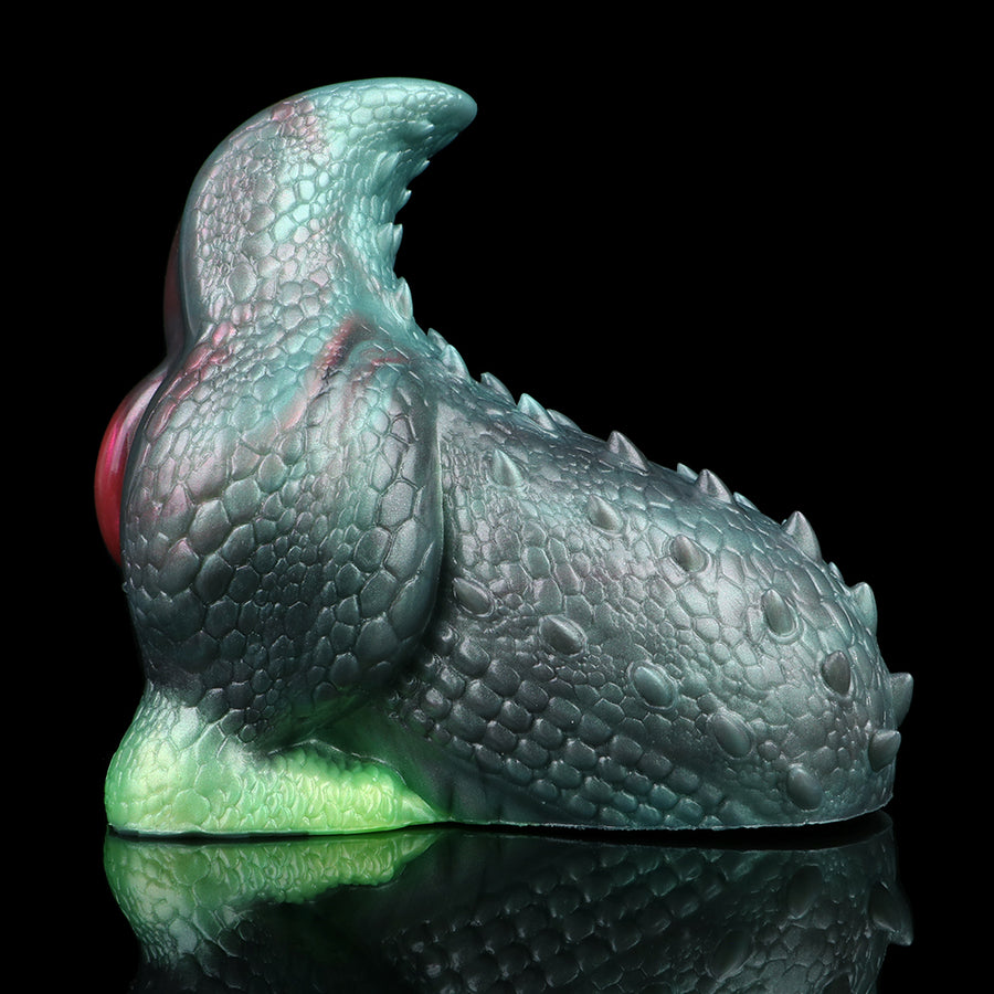 Teal scaly fantasy masturbator with green base and red side detail, single opening