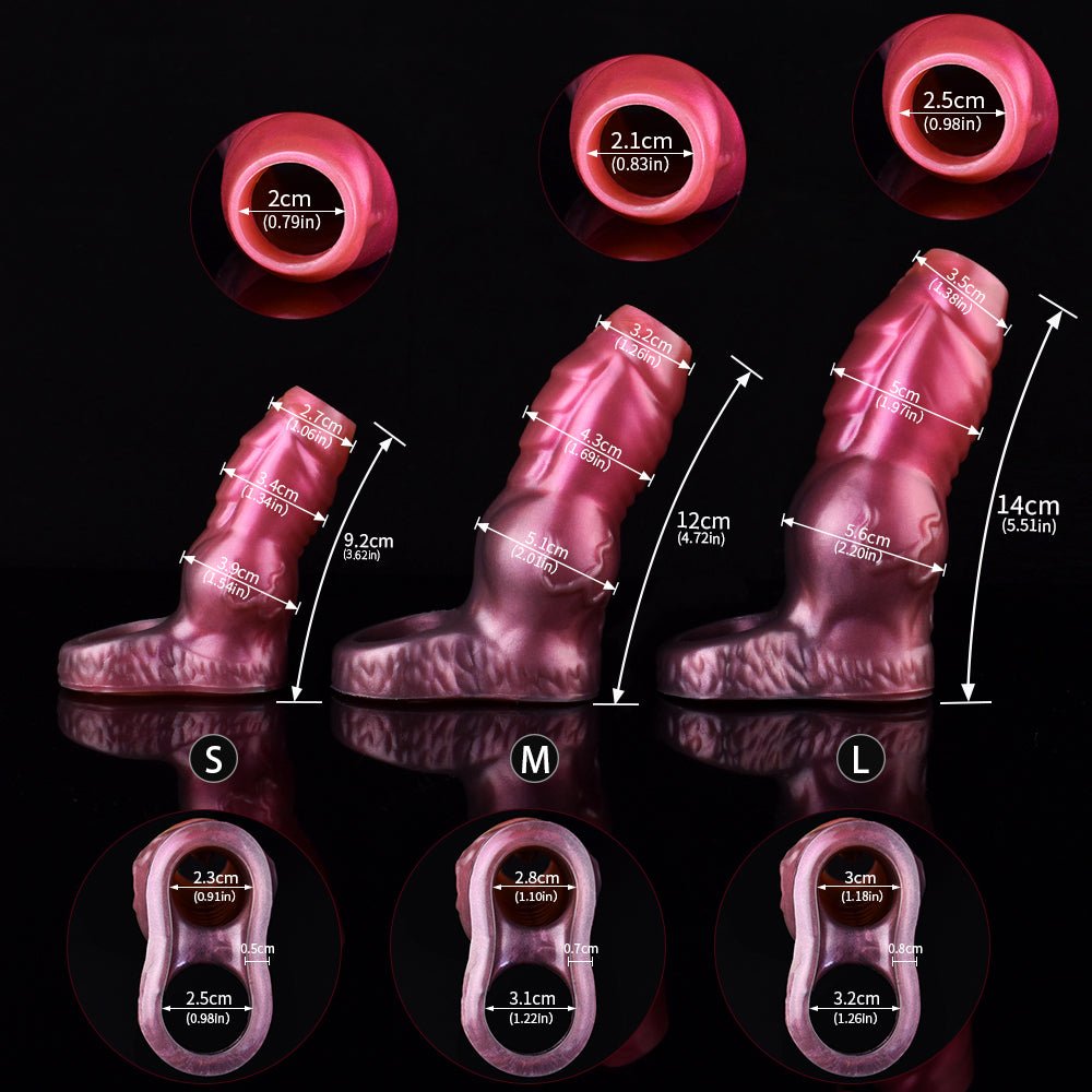 Size chart for ribbed monster sleeve extender: S M L with inner ring diameters