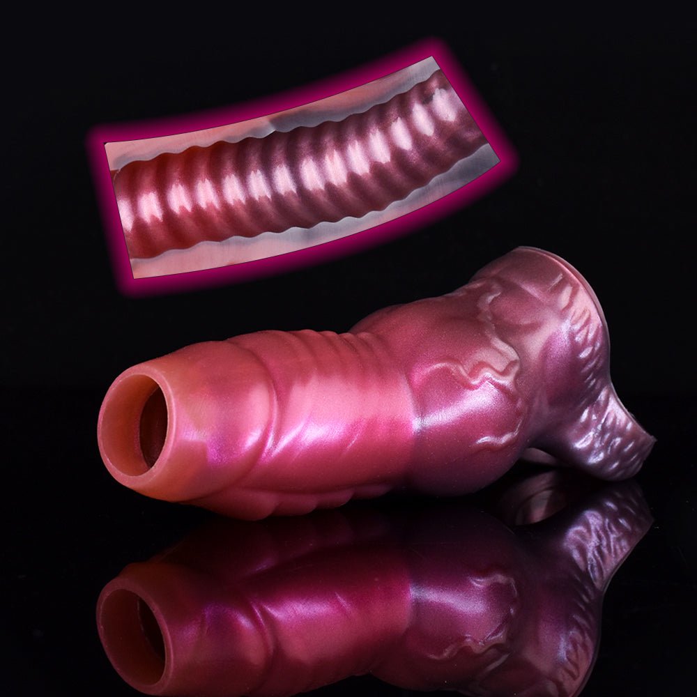 Ribbed monster fantasy sleeve extender shown from the side with open end