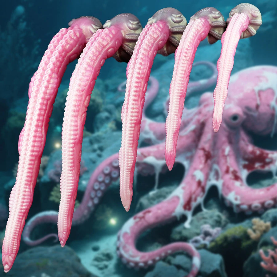 Set of pink tentacle dildos with suction-cup ridges and octopus heads
