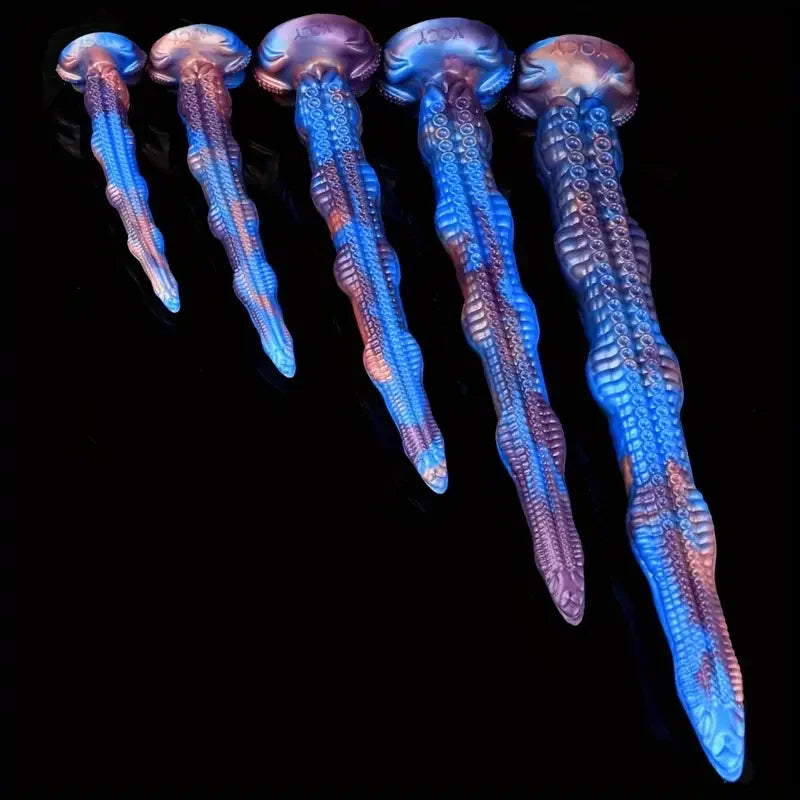 Assorted tentacle dildo colors: blue-to-purple gradient, suction-cup ridges