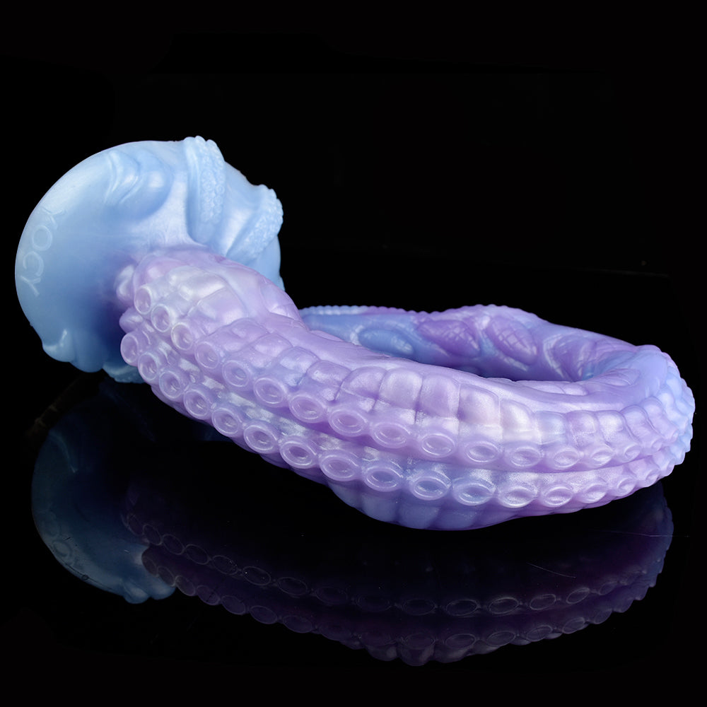 Long tentacle dildo, pastel blue-purple with suction cups and rounded head