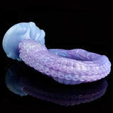 Long tentacle dildo, pastel blue-purple with suction cups and rounded head