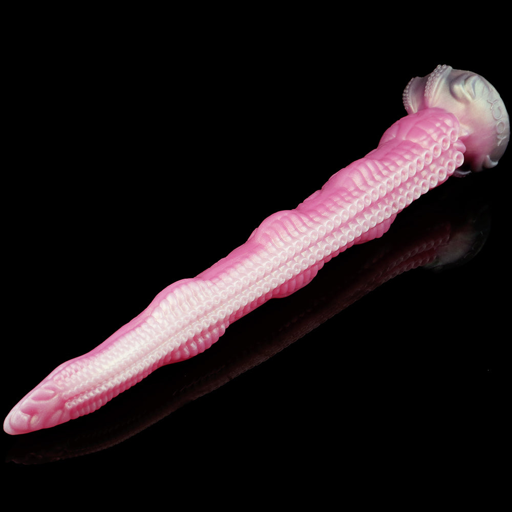 Giant tentacle dildo, pink, ridged suction-cup texture along the long tentacle