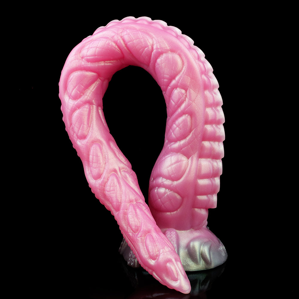 Rosa gebogener Tentakel-Dildo mit silbernem Fuß, genopptem Ringkopf